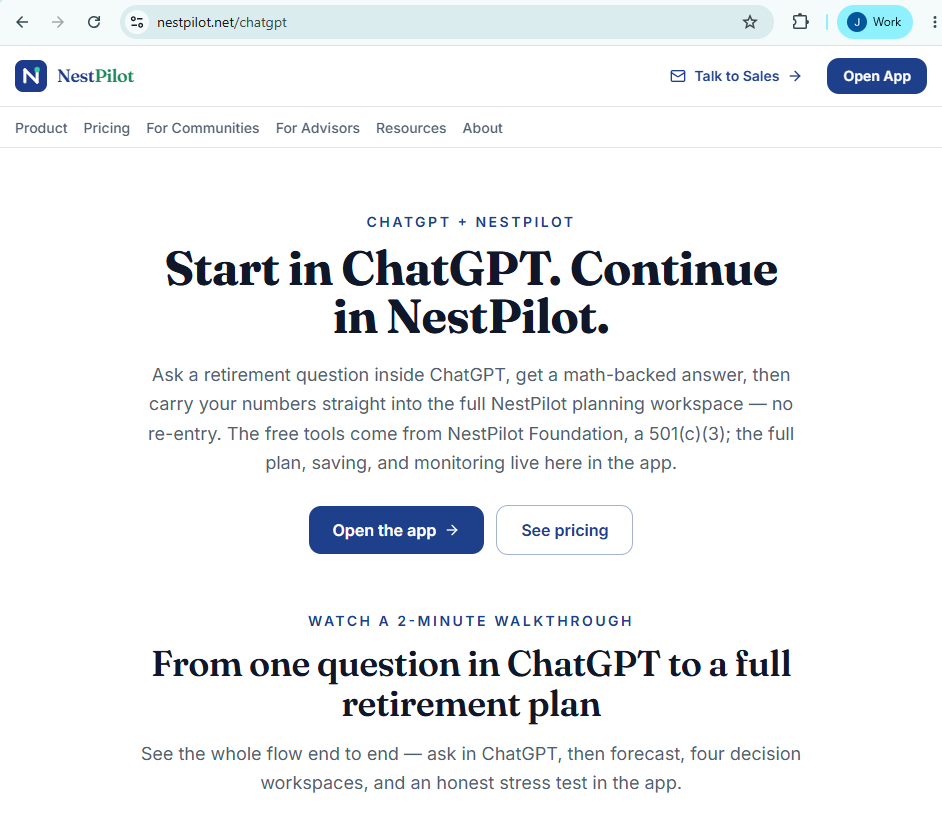 NestPilot commercial ChatGPT page showing the start in ChatGPT and continue in NestPilot framing.